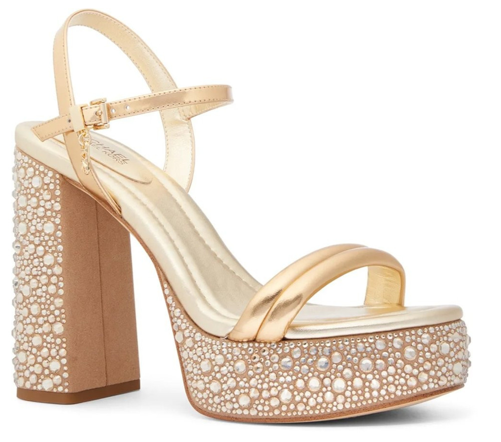 Michael Kors Laci Embellished Metallic Leather Platform Sandal Pale Gold Size 8